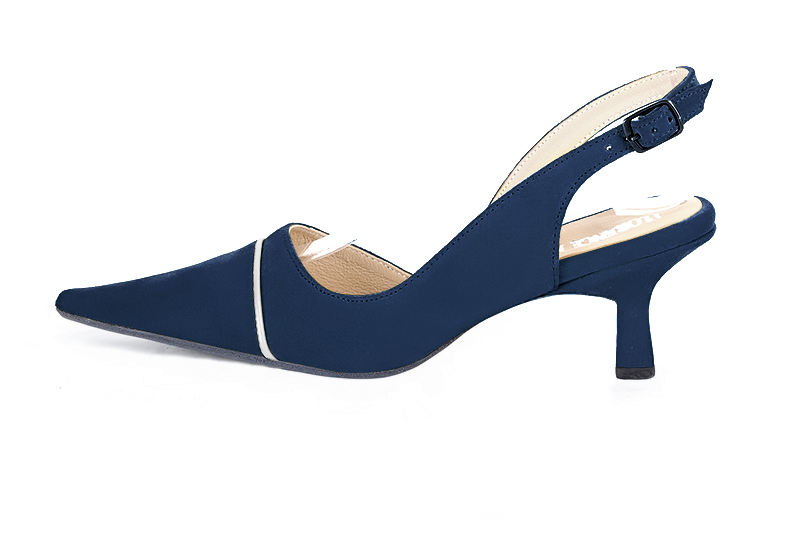 Navy blue and light silver women's slingback shoes. Pointed toe. Medium spool heels. Profile view - Florence KOOIJMAN